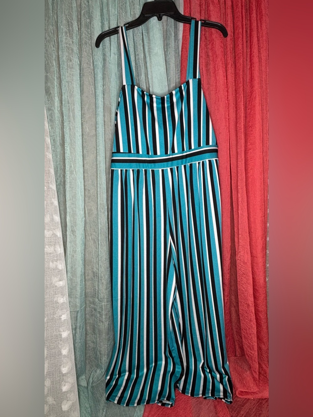 Striped Teal & Black Wide-Leg Jumpsuit